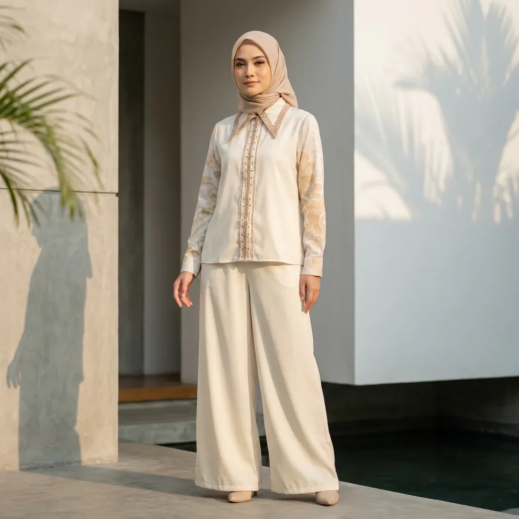 CHICMORE Setelan pakaian dengan atasan lengan panjang berkerah polo bermotif gabungan warna polos dengan aksen pita mewah dan celana panjang warna polos