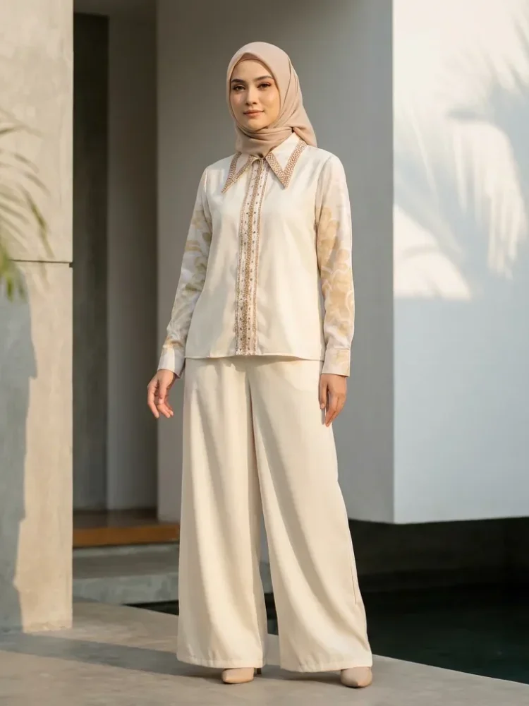 CHICMORE Setelan pakaian dengan atasan lengan panjang berkerah polo bermotif gabungan warna polos dengan aksen pita mewah dan celana panjang warna polos