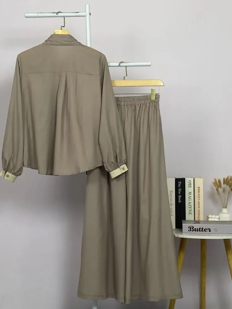 ASAYA Setelan wanita muslim 2 pcs - kemeja kontras + celana kulot nyaman
