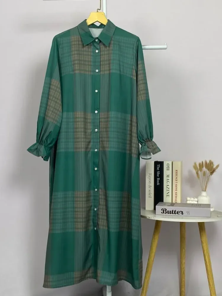 ASAYA Gaun panjang longgar kasual tipis bermotif dengan desain mode elegan