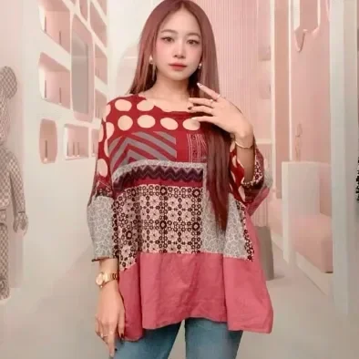 ASAYA Atasan motif cetak warna kontras gaya nasional baru