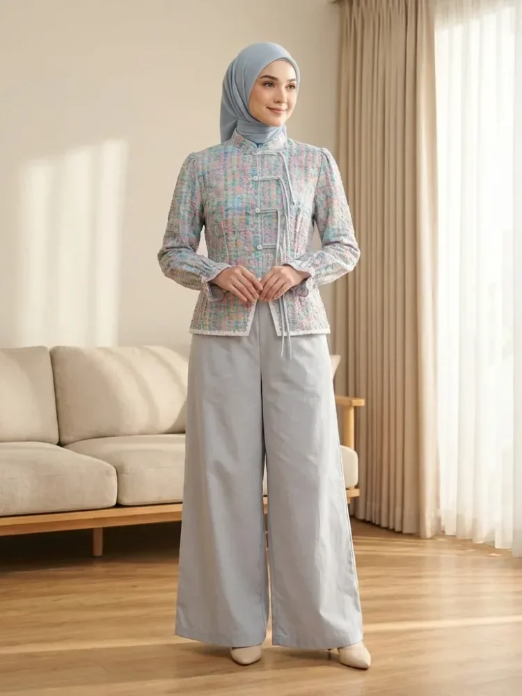 ASAYA Setelan wanita dengan lengan bell dan resleting buatan tangan bergaya minimalis warna solid