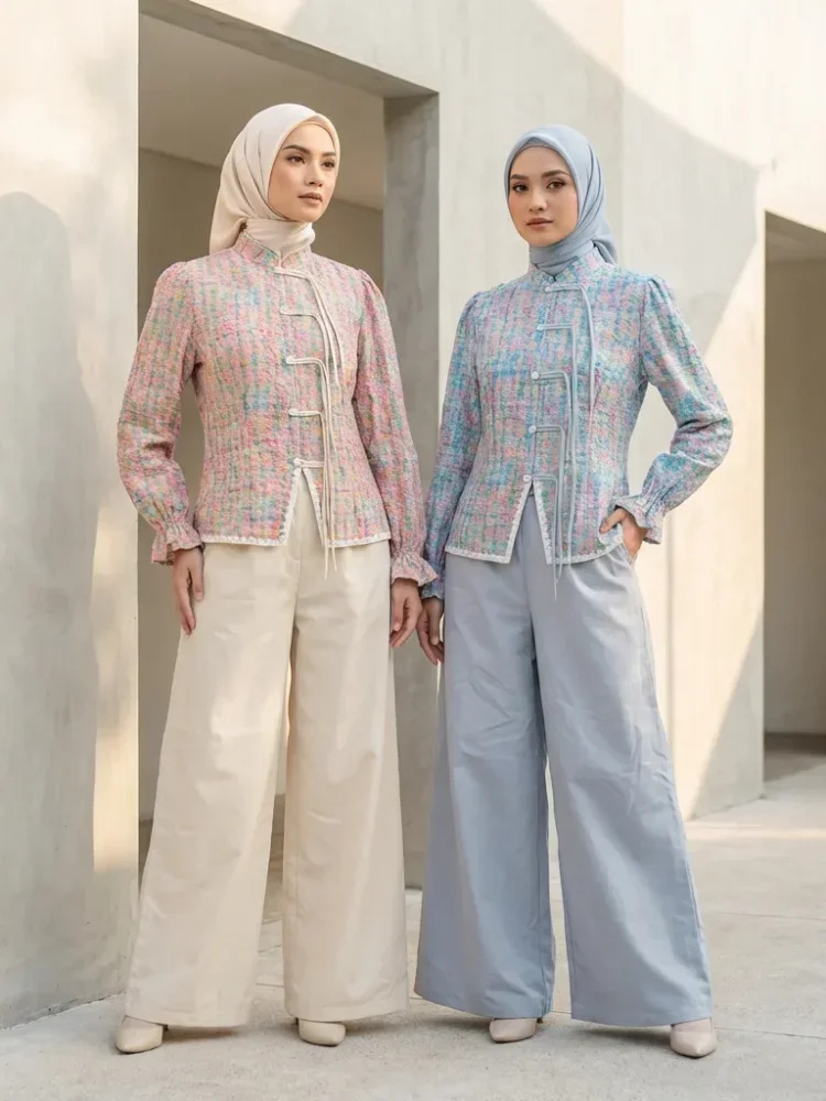 ASAYA Setelan wanita dengan lengan bell dan resleting buatan tangan bergaya minimalis warna solid