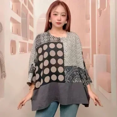 ASAYA Atasan motif cetak warna kontras gaya nasional baru