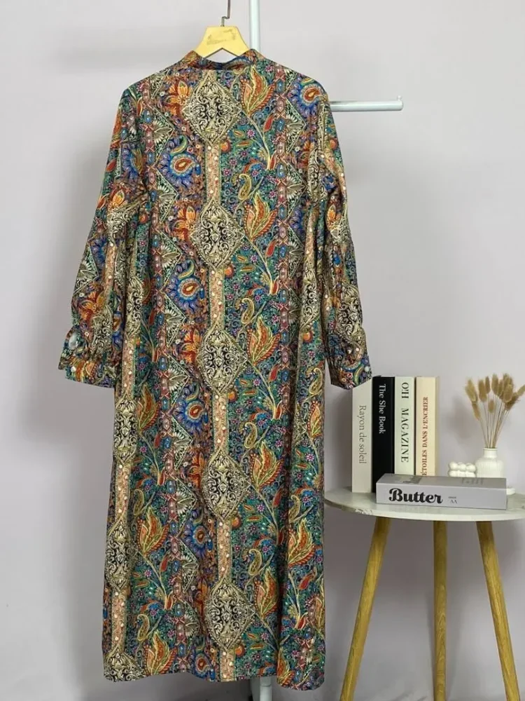 ASAYA Gaun panjang longgar kasual tipis bermotif dengan desain mode elegan