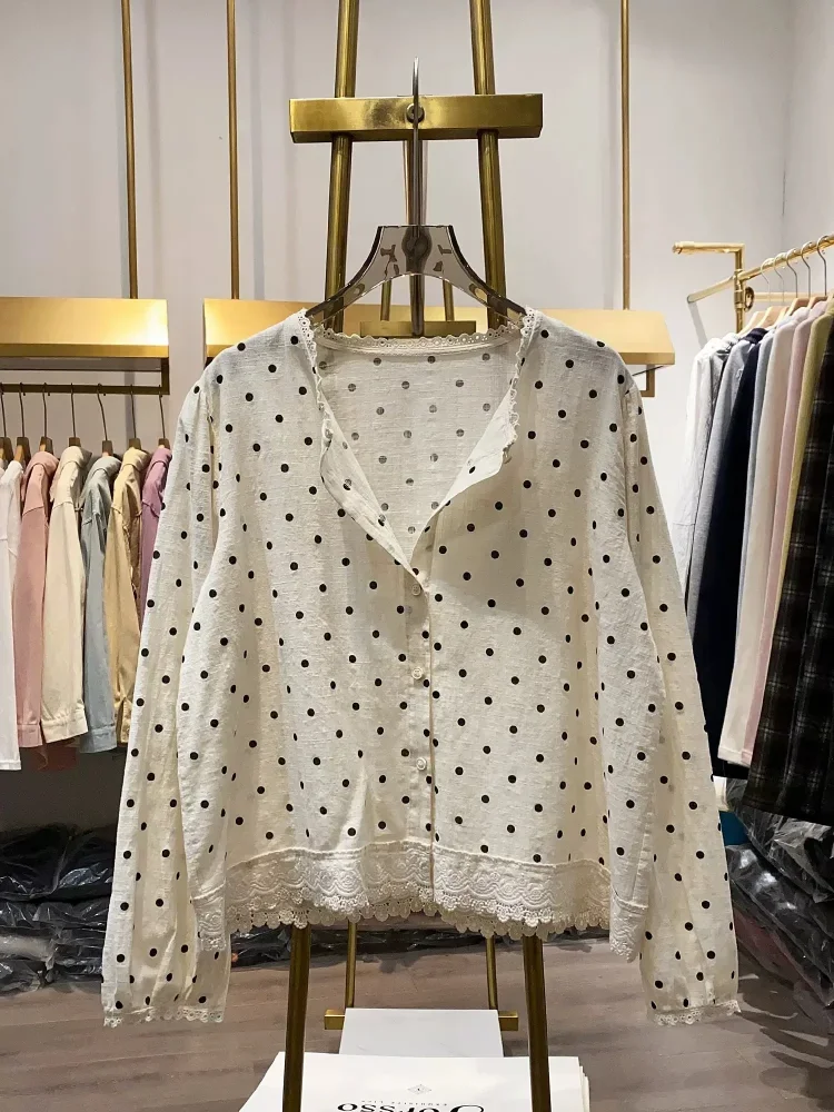 CHICMORE Atasan kemeja lengan panjang bermotif polkadot gaya baru untuk wanita