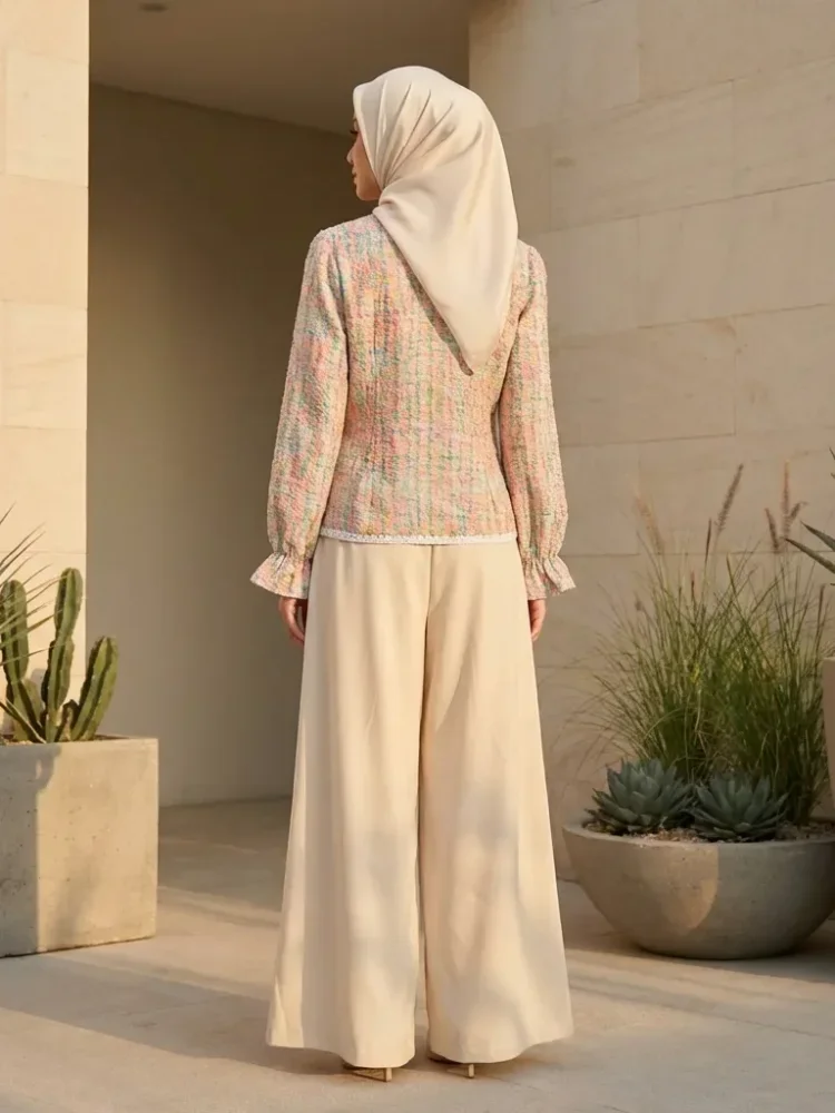 ASAYA Setelan wanita dengan lengan bell dan resleting buatan tangan bergaya minimalis warna solid