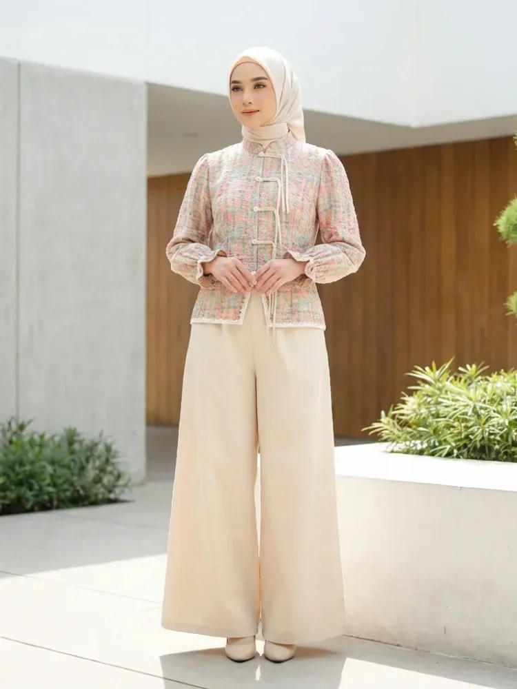 ASAYA Setelan wanita dengan lengan bell dan resleting buatan tangan bergaya minimalis warna solid