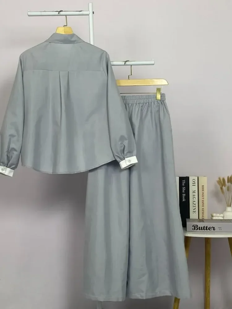 ASAYA Setelan wanita muslim 2 pcs - kemeja kontras + celana kulot nyaman