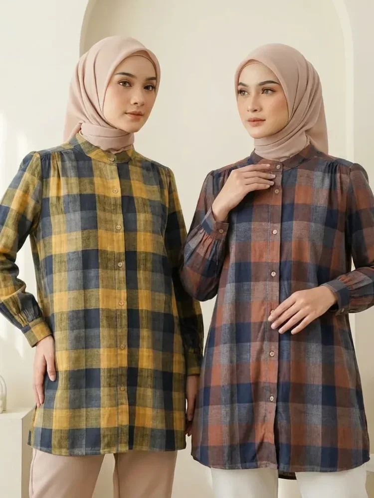 ASAYA Atasan kemeja lengan panjang  elegan longgar kasual cetak