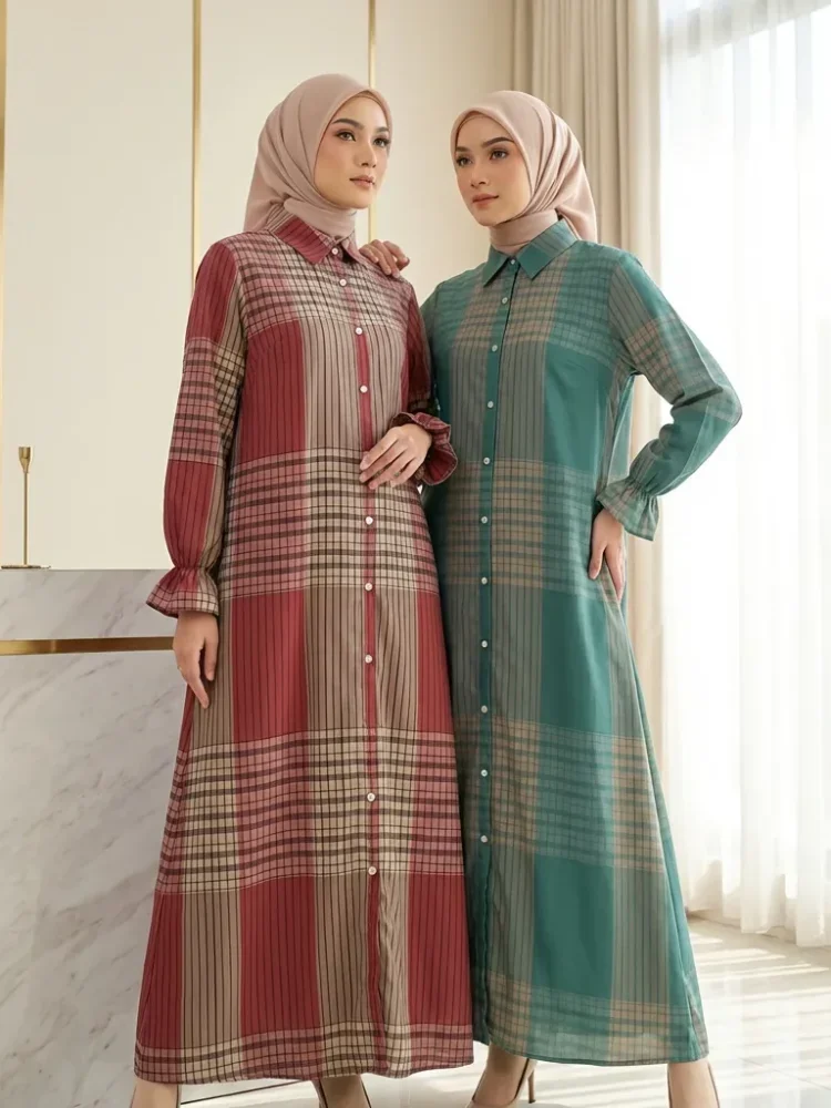 ASAYA Gaun panjang longgar kasual tipis bermotif dengan desain mode elegan