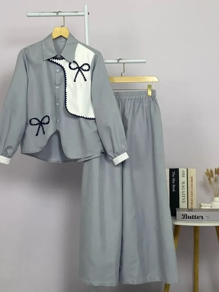 ASAYA Setelan wanita muslim 2 pcs - kemeja kontras + celana kulot nyaman