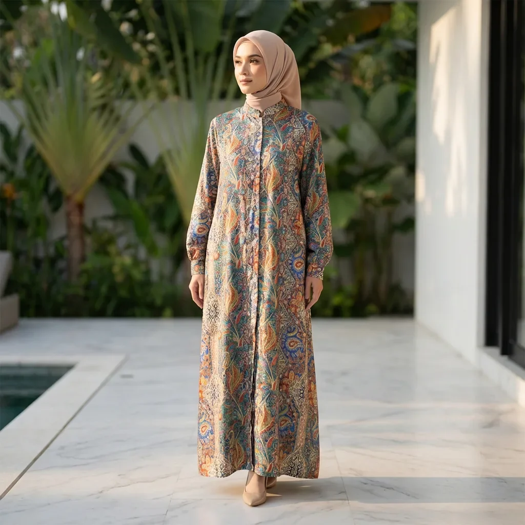 ASAYA Gaun panjang longgar kasual tipis bermotif dengan desain mode elegan