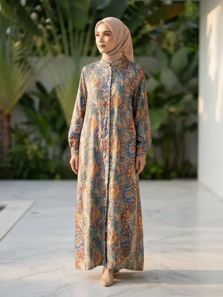 ASAYA Gaun panjang longgar kasual tipis bermotif dengan desain mode elegan