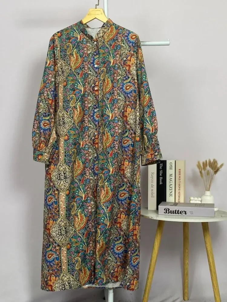 ASAYA Gaun panjang longgar kasual tipis bermotif dengan desain mode elegan