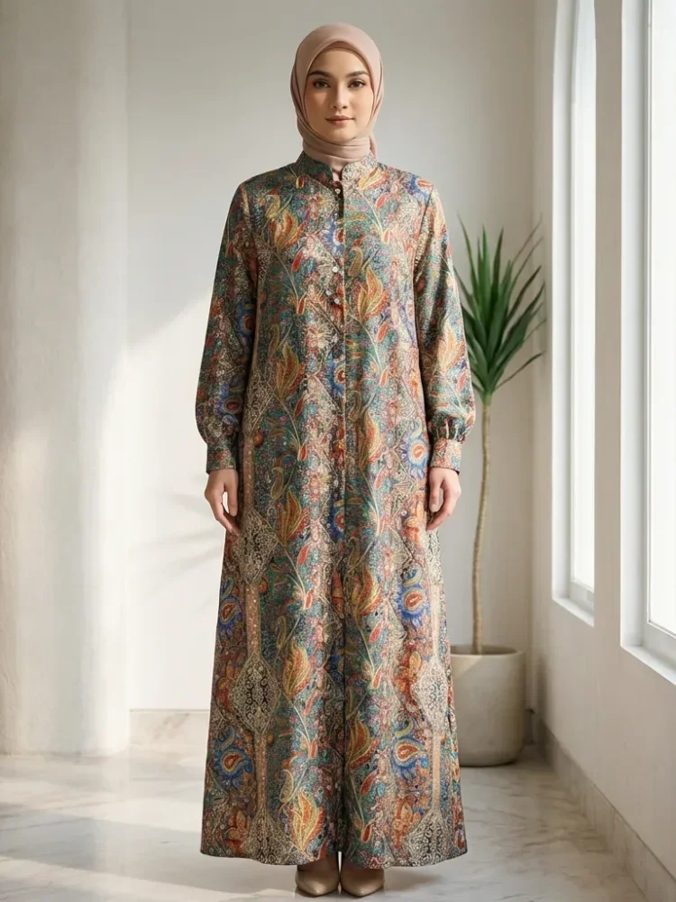 ASAYA Gaun panjang longgar kasual tipis bermotif dengan desain mode elegan