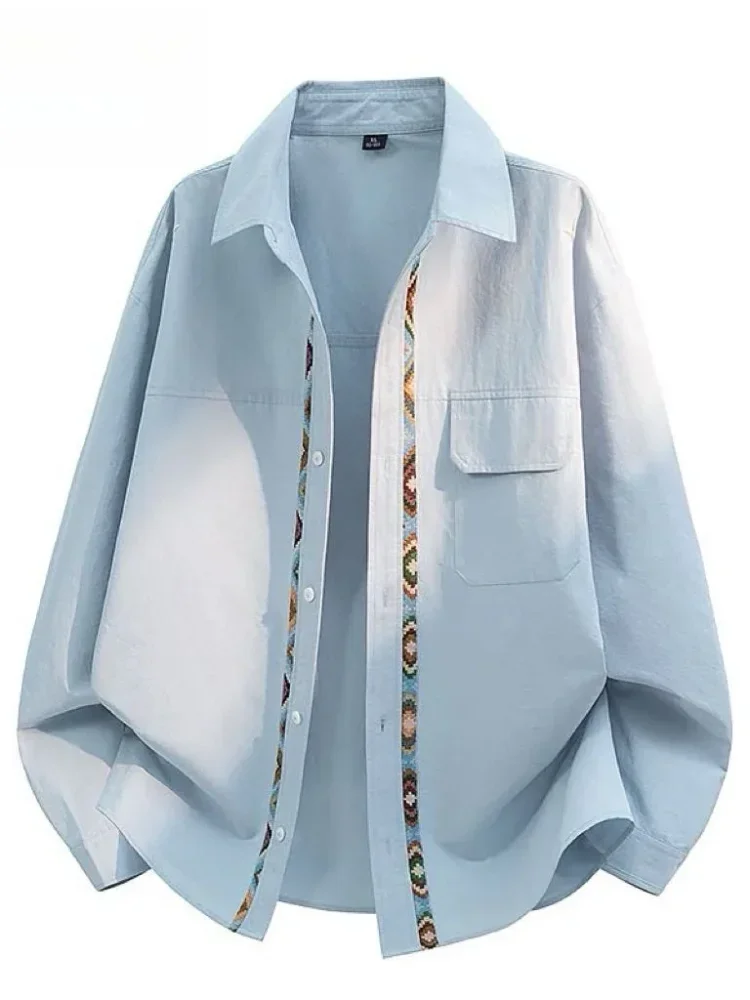 CHICMORE Atasan kemeja bergaris lengan panjang kancing sebaris gaya kasual