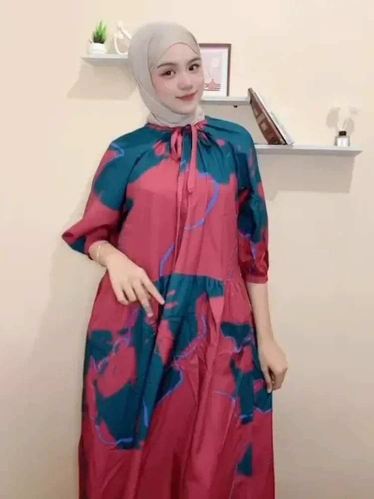[DISKON KILAT]ASAYA Gaun retro panjang dengan leher bulat dan ikat pinggang untuk wanita