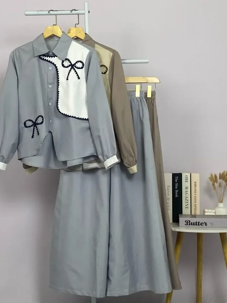 ASAYA Setelan wanita muslim 2 pcs - kemeja kontras + celana kulot nyaman