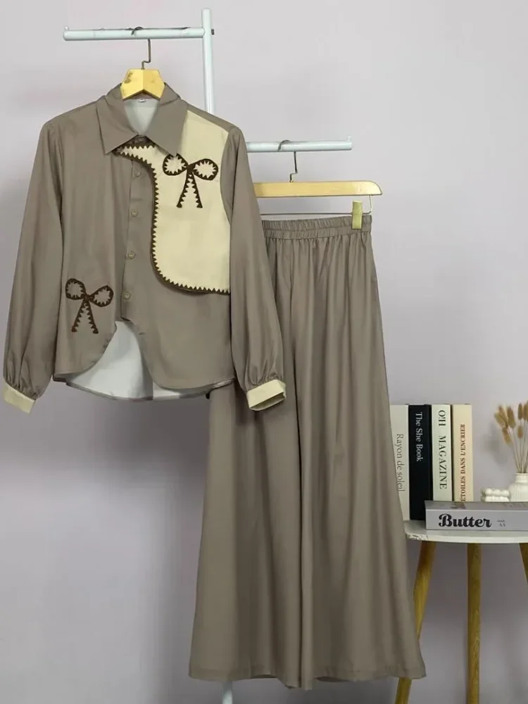 ASAYA Setelan wanita muslim 2 pcs - kemeja kontras + celana kulot nyaman