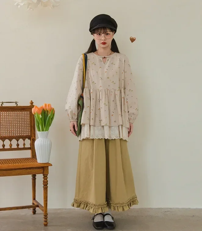 CHICMORE Atasan blouse longgar wanita dengan model lengan panjang dan motif cantik