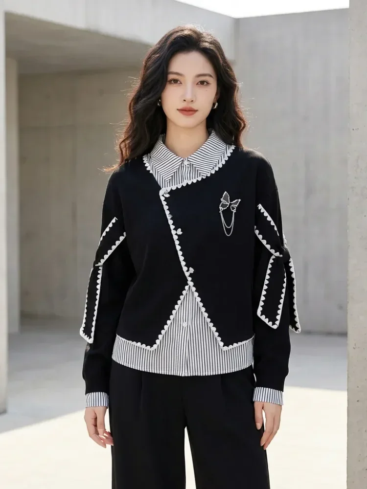 CHICMORE Atasan kemeja bergaris model sweter lengan panjang dengan kupu-kupu cantik untuk wanita