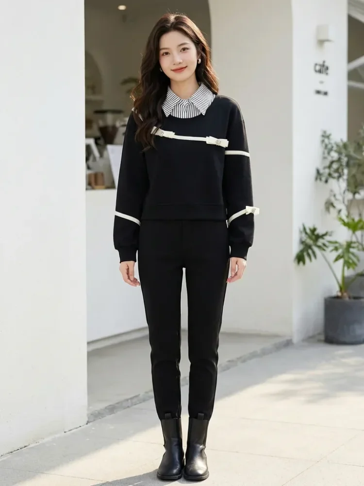 CHICMORE Atasan sweatshirt bergaris kerah polo dan lengan panjang gaya baru untuk wanita