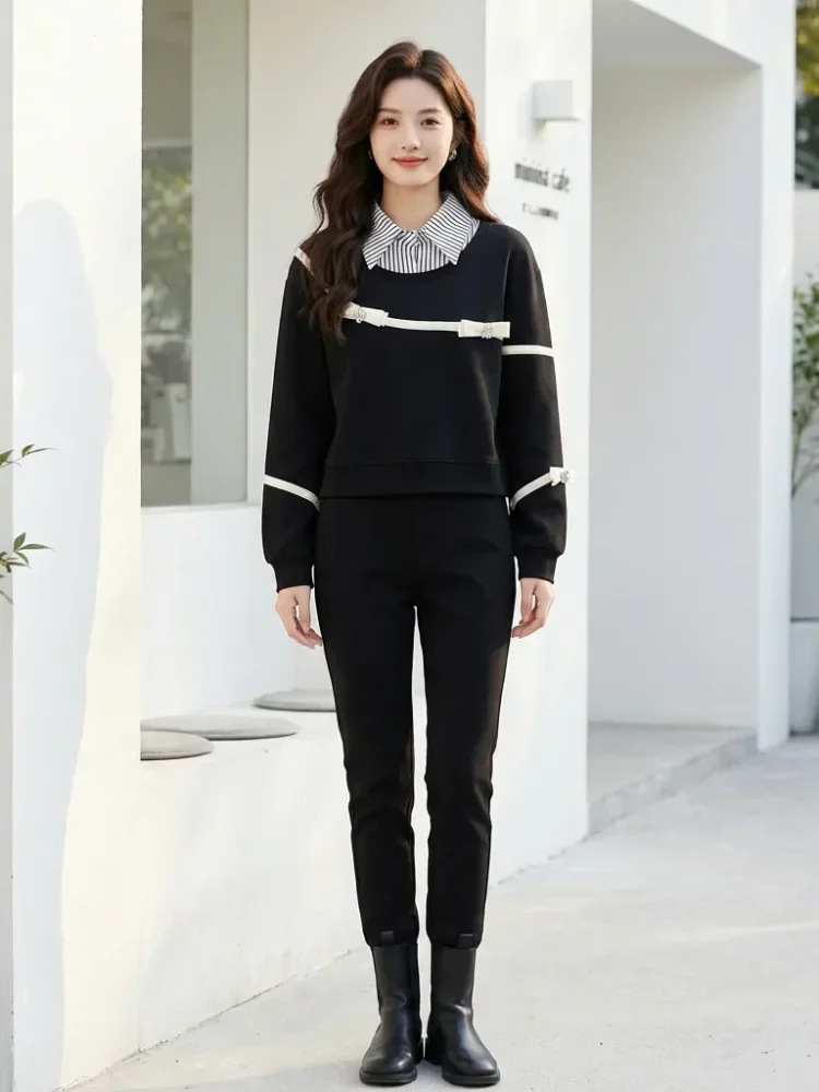 CHICMORE Atasan sweatshirt bergaris kerah polo dan lengan panjang gaya baru untuk wanita