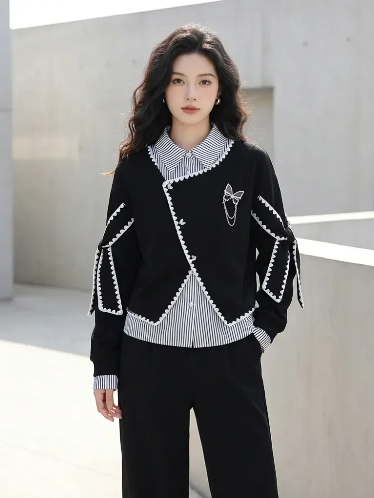 CHICMORE Atasan kemeja bergaris model sweter lengan panjang dengan kupu-kupu cantik untuk wanita