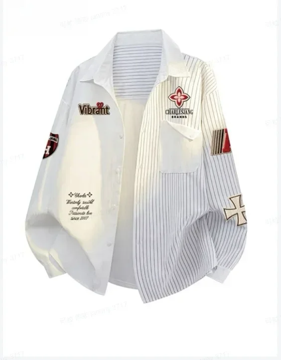 CHICMORE Atasan kemeja bergaris lengan panjang kancing sebaris gaya kasual