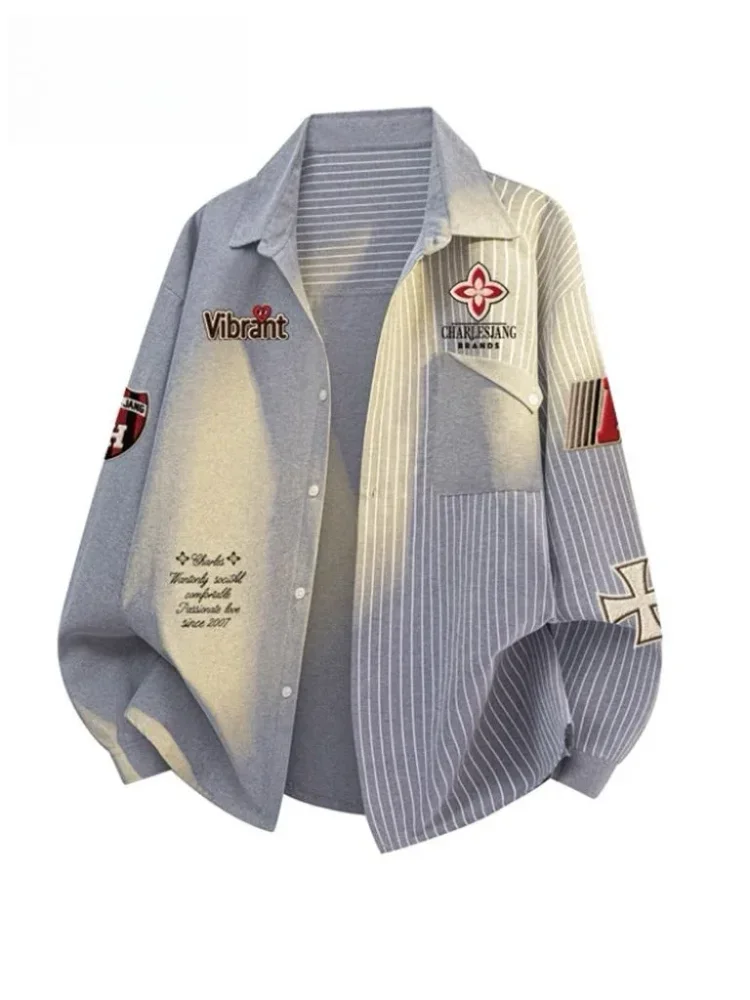 CHICMORE Atasan kemeja bergaris lengan panjang kancing sebaris gaya kasual