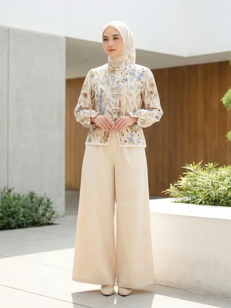 ASAYA Setelan wanita dengan lengan bell dan resleting buatan tangan bergaya minimalis warna solid