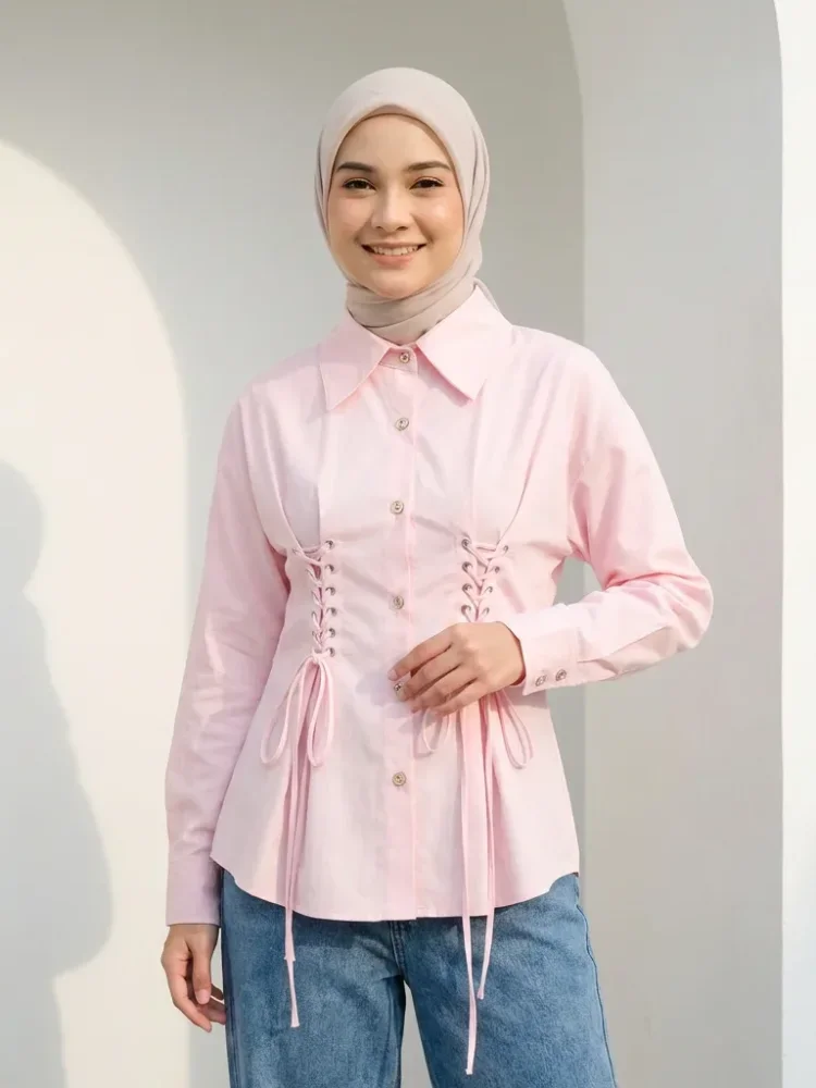 ASAYA Atasan kemeja putih pinggang lengan panjang lentera desain baru slim fit untuk wanita