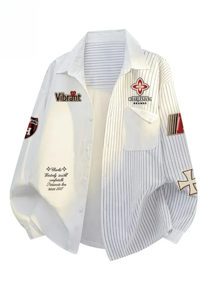 CHICMORE Atasan kemeja bergaris lengan panjang kancing sebaris gaya kasual