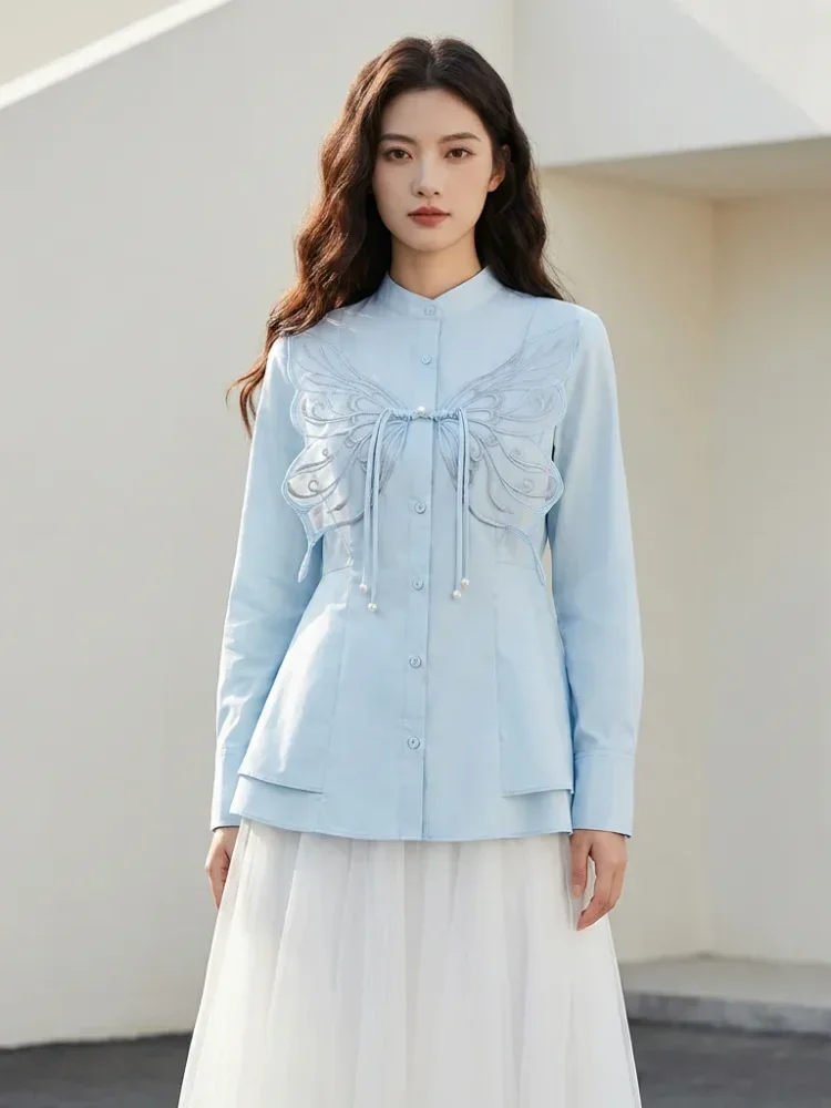 FADFAD Kemeja wanita bordir bunga lengan panjang