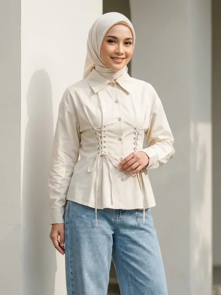 ASAYA Atasan kemeja putih pinggang lengan panjang lentera desain baru slim fit untuk wanita