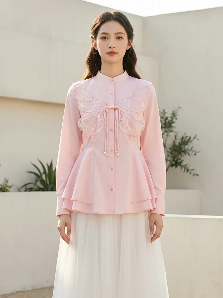 FADFAD Kemeja wanita bordir bunga lengan panjang