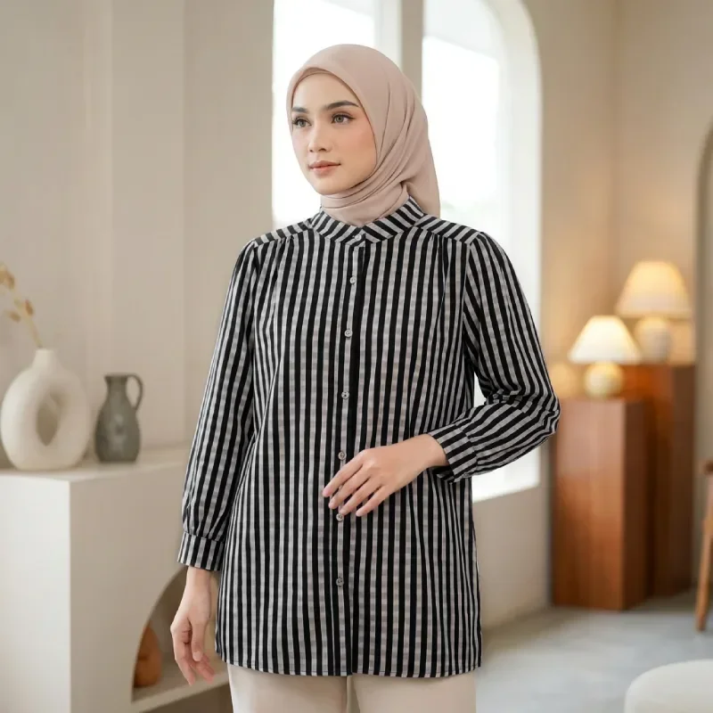 ASAYA Atasan kemeja lengan panjang  elegan longgar kasual cetak
