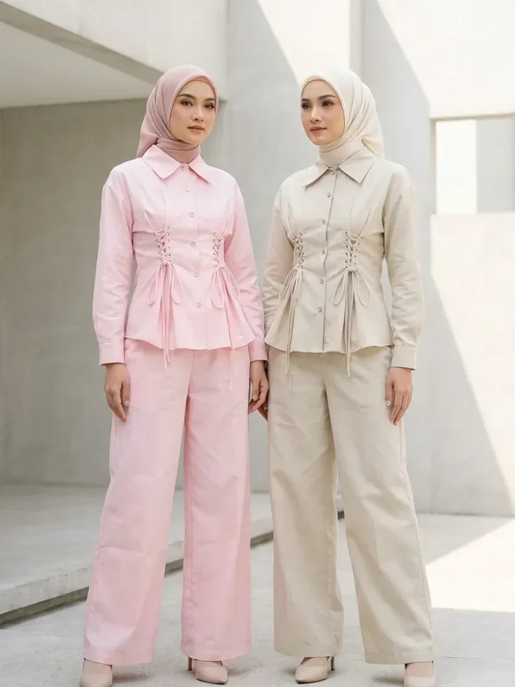 ASAYA Set dua potong atasan dan celana longgar yang modis dan sederhana untuk wanita