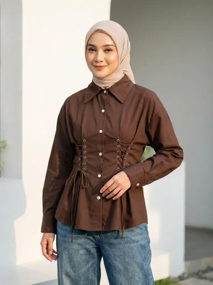 ASAYA Atasan kemeja putih pinggang lengan panjang lentera desain baru slim fit untuk wanita