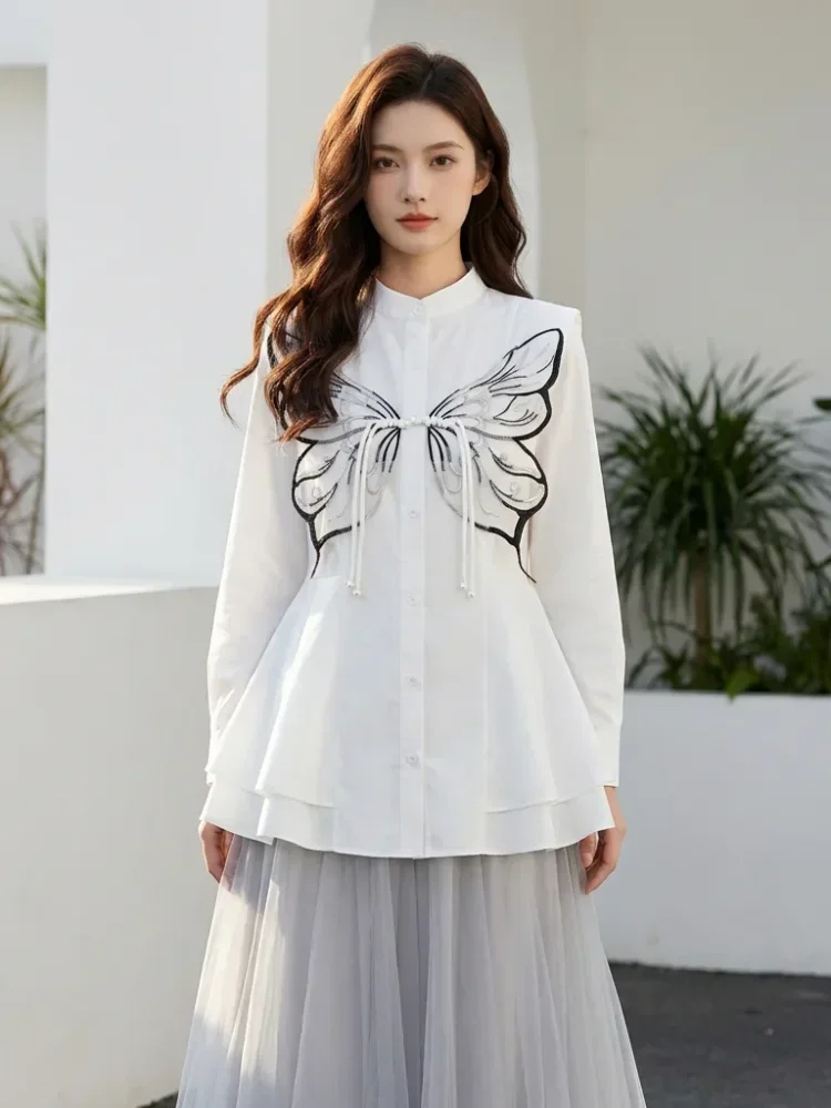 FADFAD Kemeja wanita bordir bunga lengan panjang