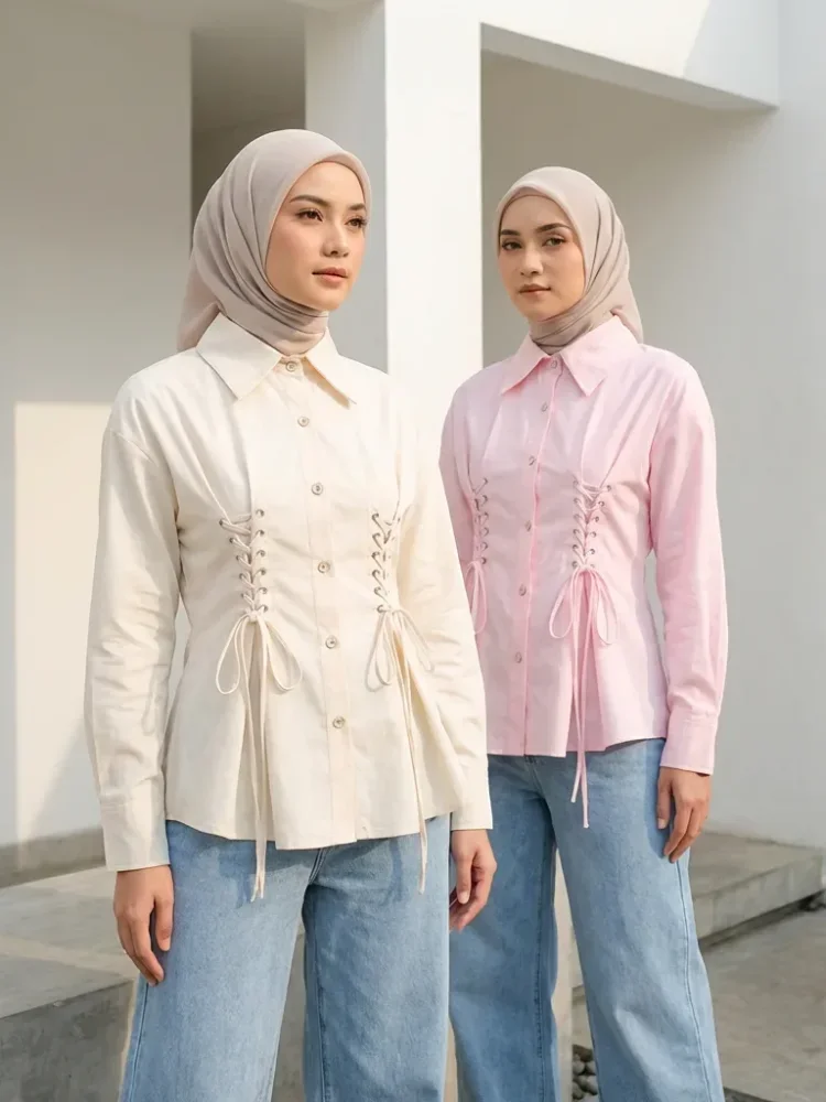 ASAYA Atasan kemeja putih pinggang lengan panjang lentera desain baru slim fit untuk wanita