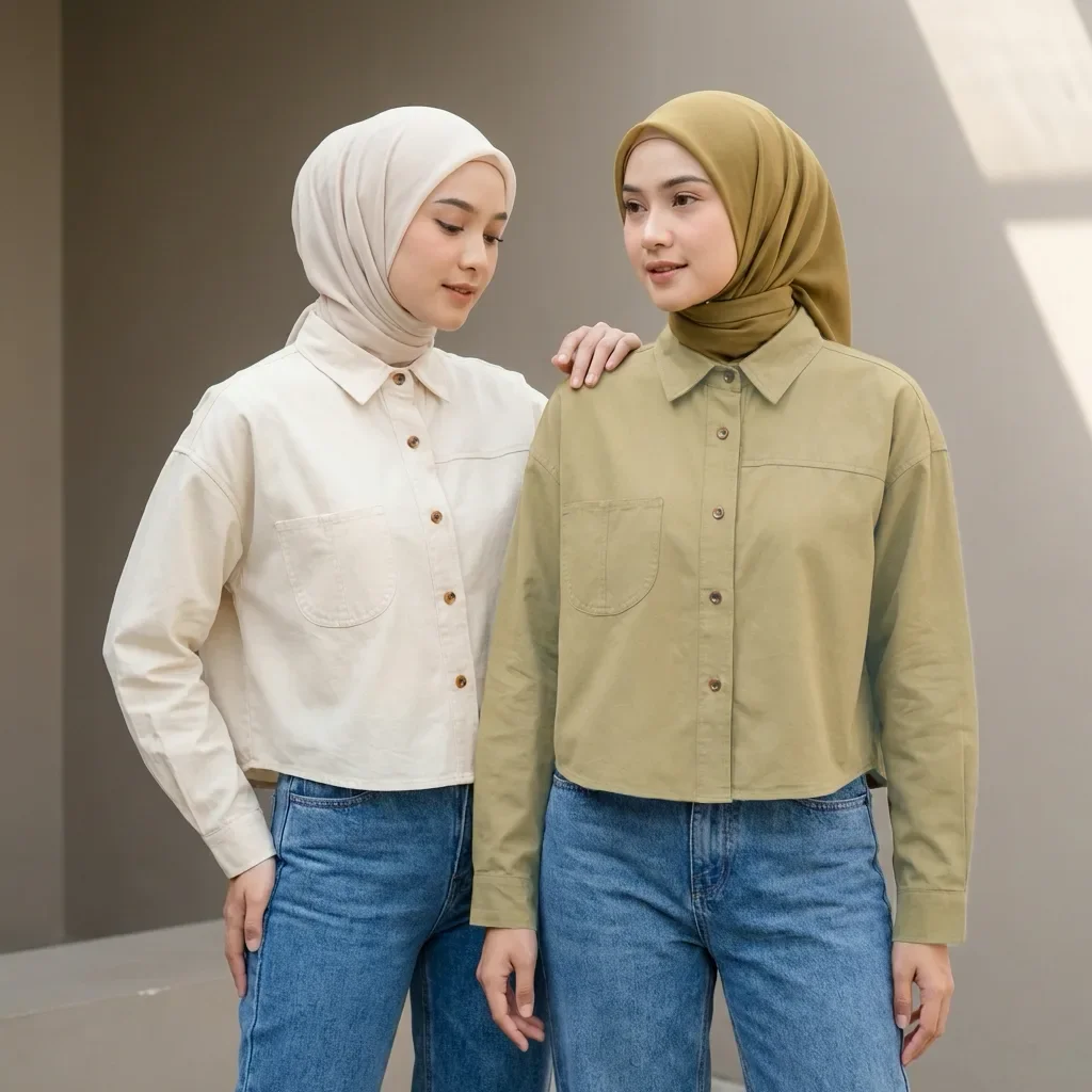 ASAYA Kemeja wanita lengan panjang warna solid kerah polo kasual