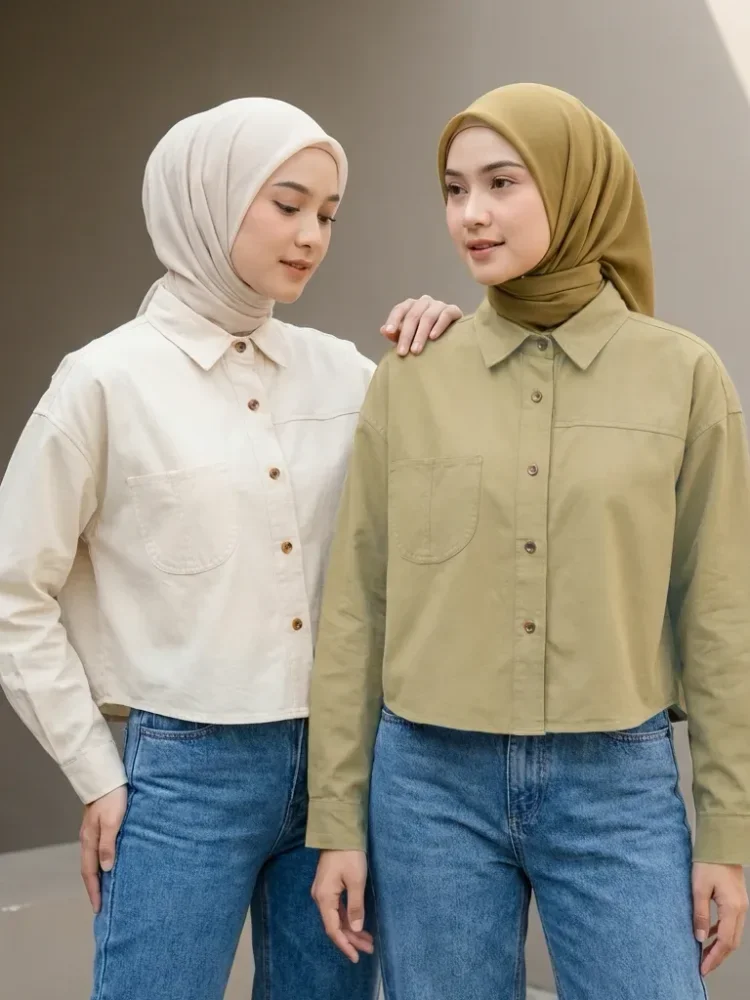 ASAYA Kemeja wanita lengan panjang warna solid kerah polo kasual