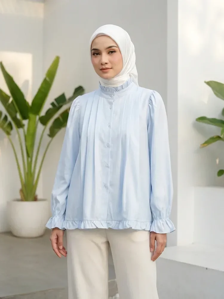 ASAYA Kemeja lengan panjang dengan ruffle polos untuk gadis