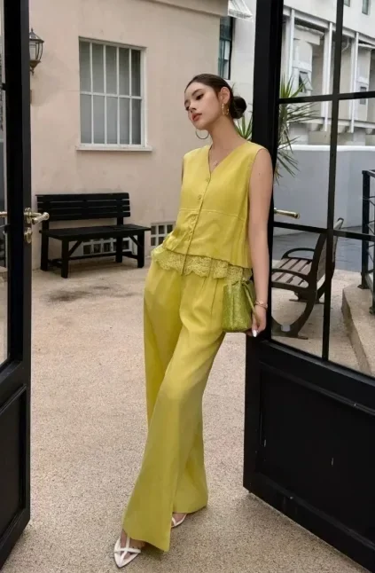 CHICMORE Setelan wanita dua potong rompi gaya korea dan celana panjang