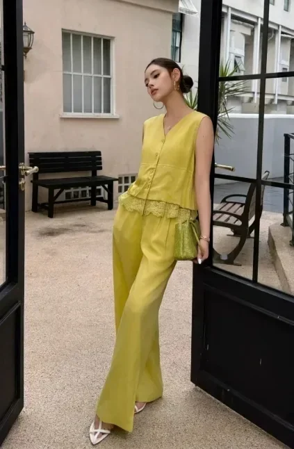 CHICMORE Setelan wanita dua potong rompi gaya korea dan celana panjang