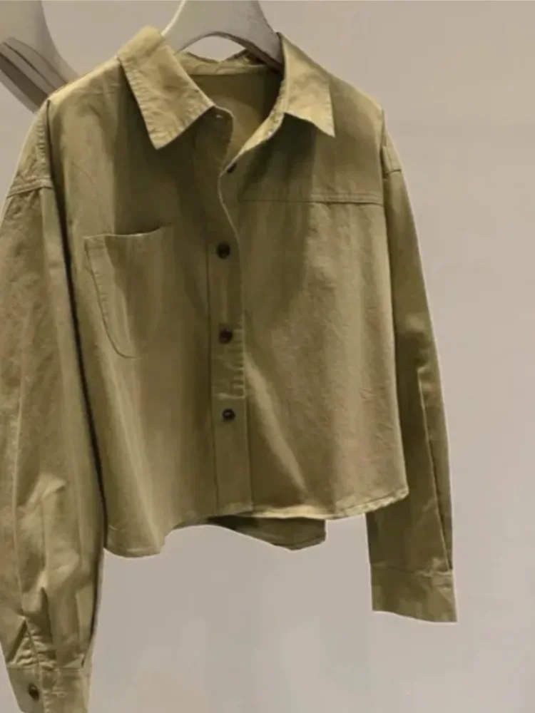 ASAYA Kemeja wanita lengan panjang warna solid kerah polo kasual