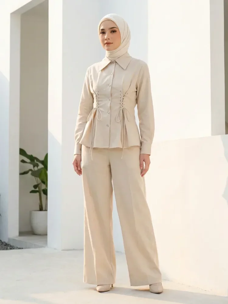 ASAYA Set dua potong atasan dan celana longgar yang modis dan sederhana untuk wanita