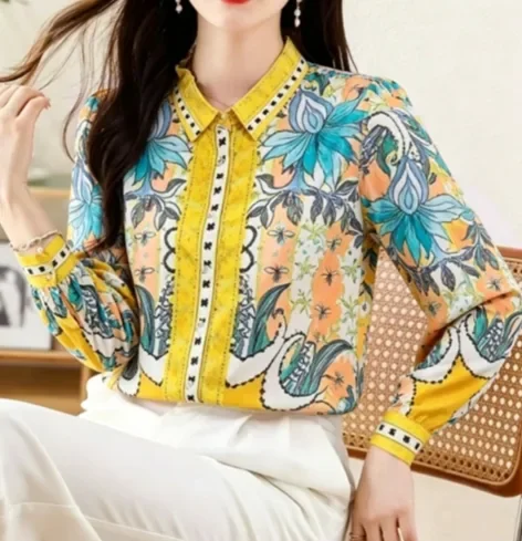 FADFAD Atasan kemeja berkerah polo lengan panjang dan motif cetak mewah